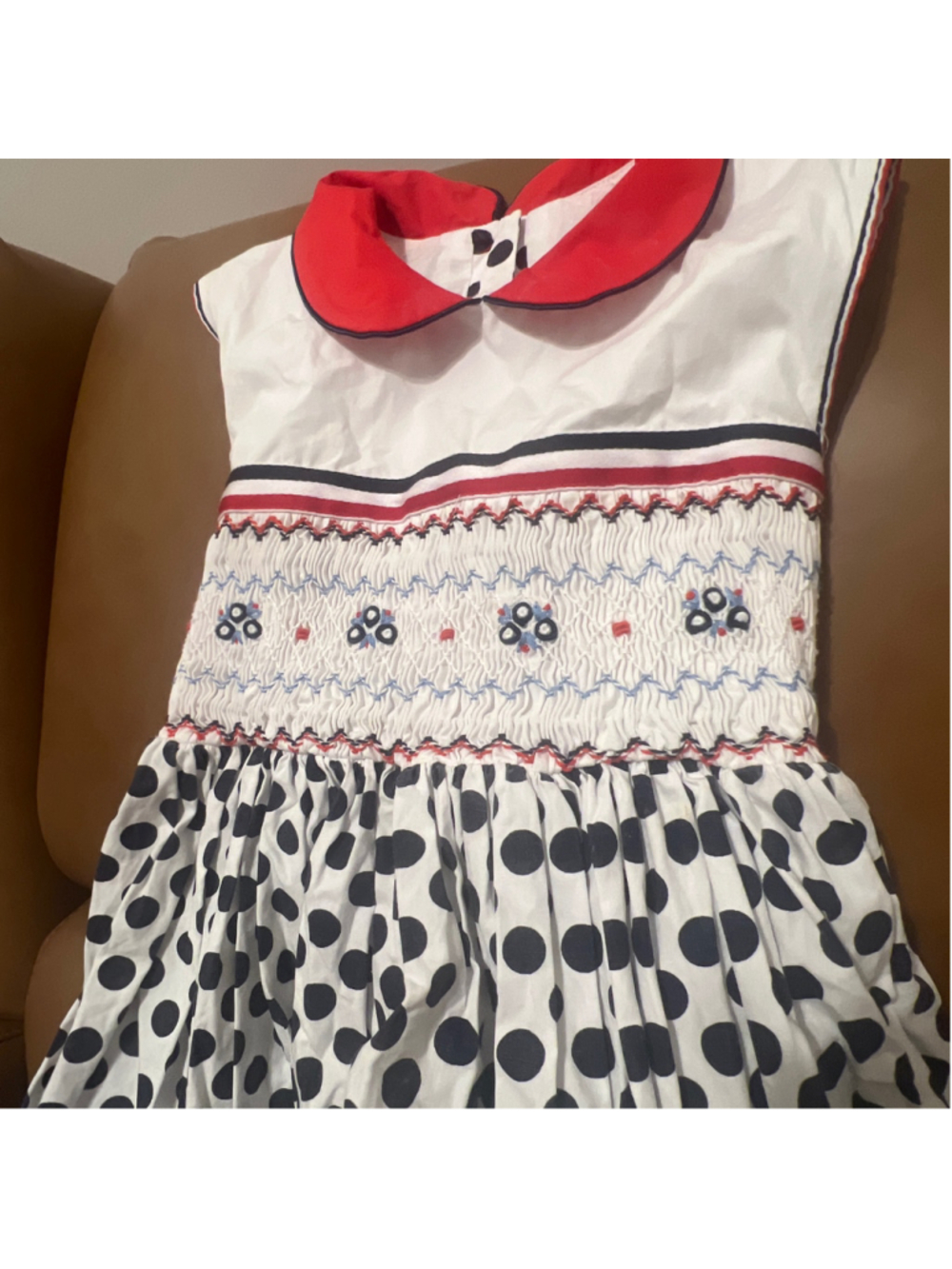 Girls Pettigirl Polka Dot Smocked Dress Size 8 White Navy Red - Picture 5 of 8